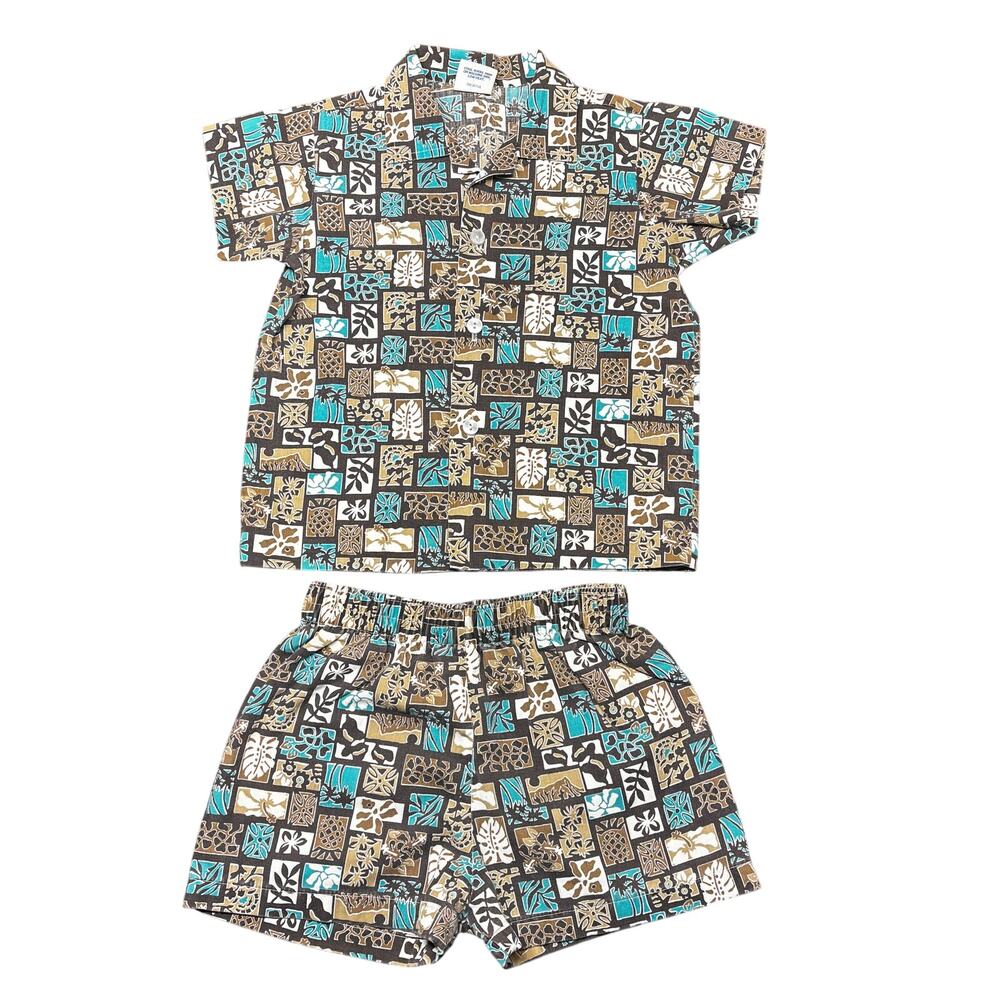 Vintage Hawaiian Kids Top Bottom Set 2Y Nui Nau Barkcloth Style Resort Button Up